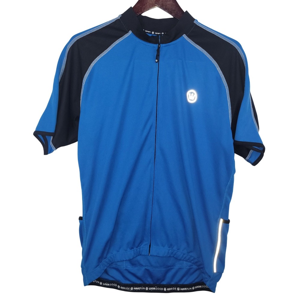Canari Cycling Jersey Blue Black Short‎ Sleeve Full Zip Pockets Large